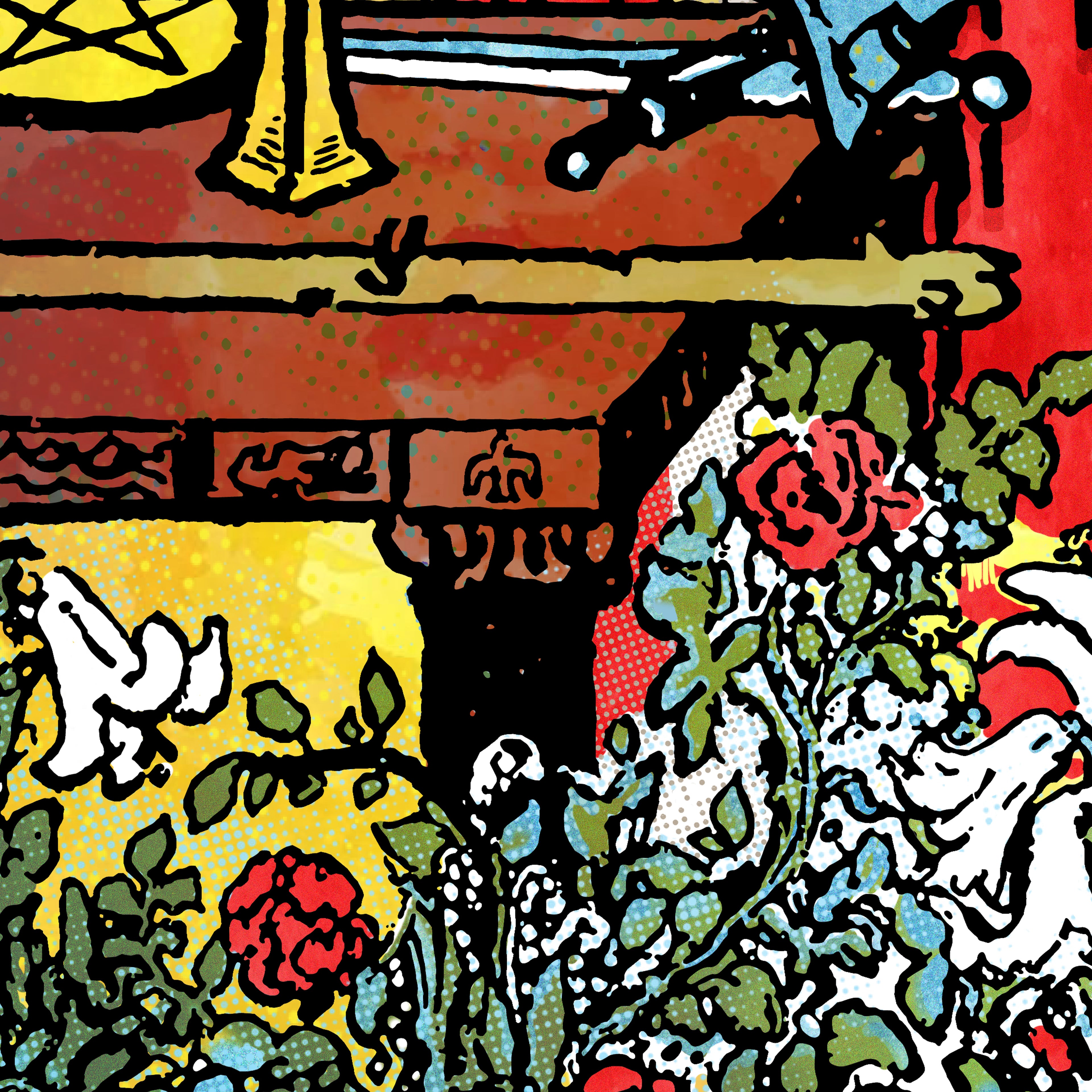 Close-up detail of The Magician tarot-inspired fine art print by Matthew Pazzol, featuring a wand, sword, pentacle, flowers, and white doves in a colorful pop-art scene.