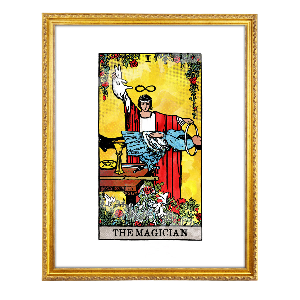 The Magician tarot-inspired fine art print by Matthew Pazzol, featuring a red-robed figure, a rabbit puppet, a suspended character, roses, and bold vintage-style colors.