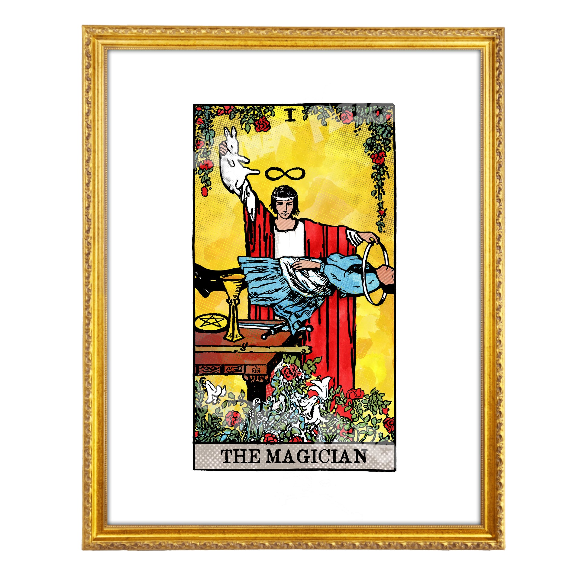 The Magician tarot-inspired fine art print by Matthew Pazzol, featuring a red-robed figure, a rabbit puppet, a suspended character, roses, and bold vintage-style colors.