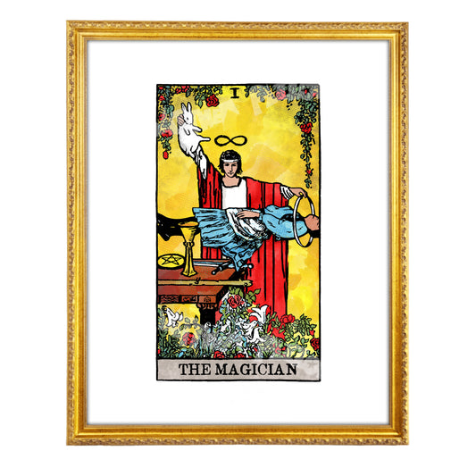 The Magician tarot-inspired fine art print by Matthew Pazzol, featuring a red-robed figure, a rabbit puppet, a suspended character, roses, and bold vintage-style colors.