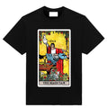 The Magician tarot t-shirt black graphic tee featuring warped modern tarot design with altered symbolic elements
Close up of warped Magician tarot card design on black shirt
Modern reinterpretation of The Magician tarot card printed on black t-shirt