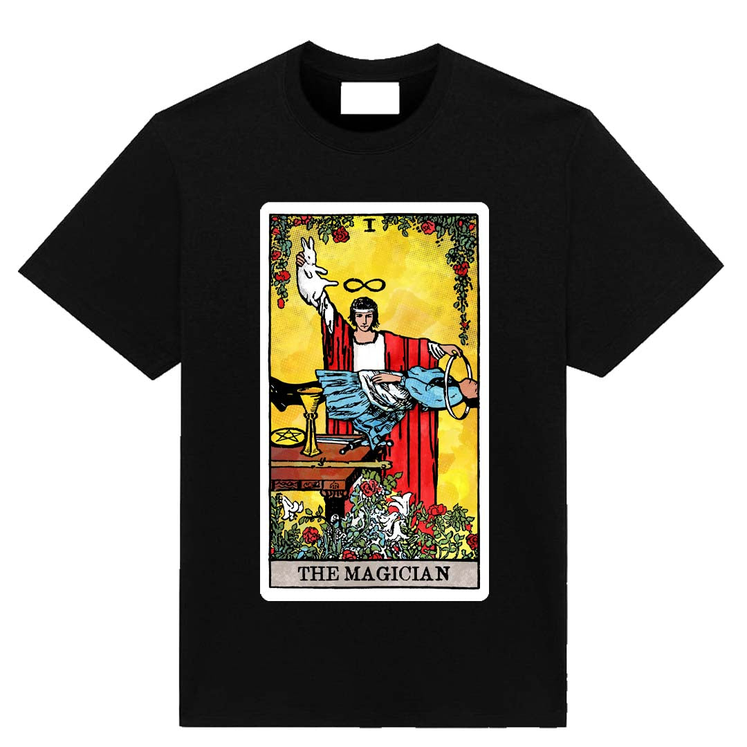 The Magician tarot t-shirt black graphic tee featuring warped modern tarot design with altered symbolic elements
Close up of warped Magician tarot card design on black shirt
Modern reinterpretation of The Magician tarot card printed on black t-shirt