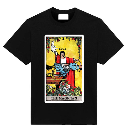 The Magician tarot t-shirt black graphic tee featuring warped modern tarot design with altered symbolic elements
Close up of warped Magician tarot card design on black shirt
Modern reinterpretation of The Magician tarot card printed on black t-shirt