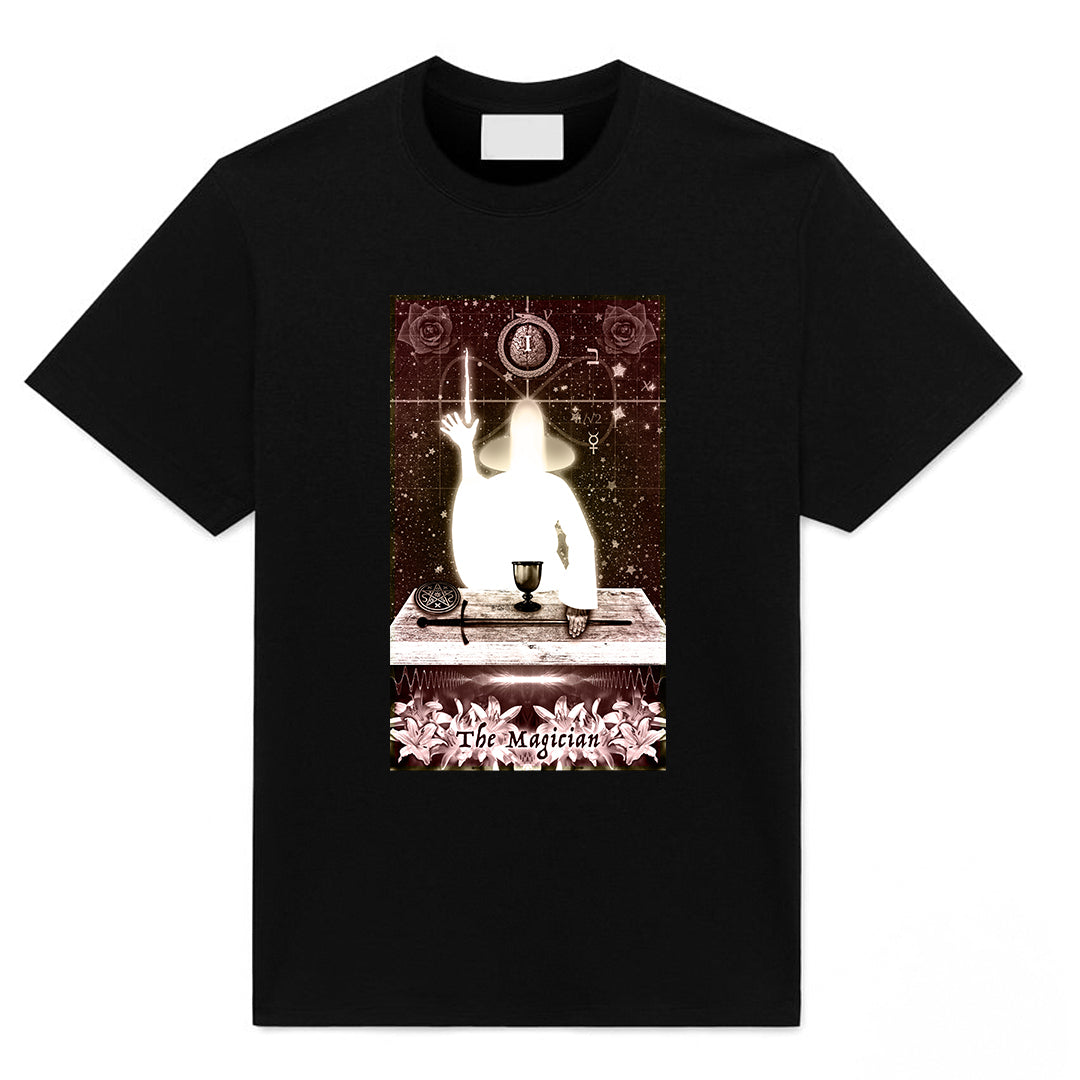 The Magician Tarot T-Shirt showing the full occult tarot card design on soft cotton fabric.