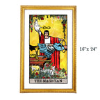 The Magicican tarot-inspired 16x24 fine art print by Matthew Pazzol, featuring a red-robed figure, rabbit puppet, suspended character, roses, and bold vintage-style colors.