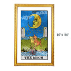 The Moon tarot-inspired 16x24 fine art print by Matthew Pazzol, featuring a large crescent moon, two howling animals, distant towers, and a crustacean rising from the water.