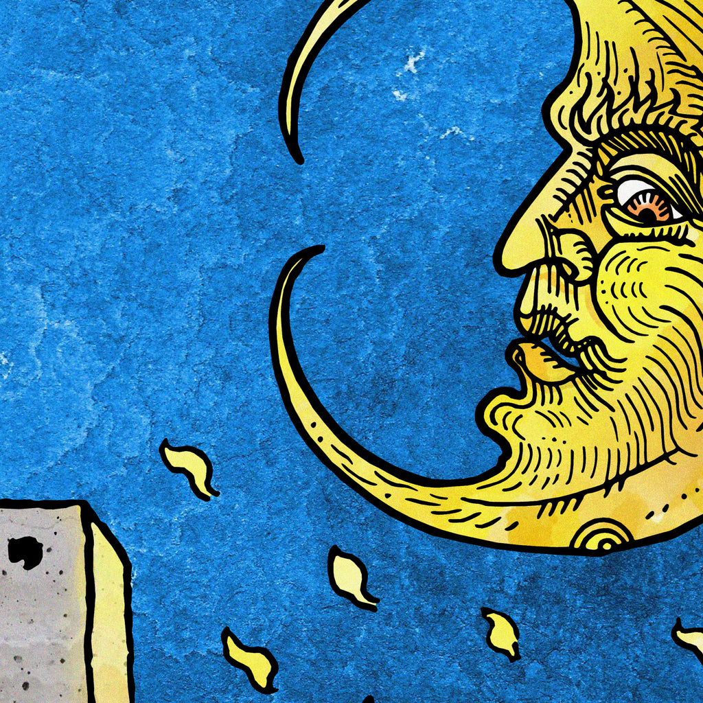 Close-up detail of The Moon tarot-inspired fine art print by Matthew Pazzol, featuring a golden crescent moon face, falling leaves, and a textured blue sky.