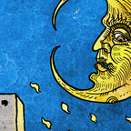 Close-up detail of The Moon tarot-inspired fine art print by Matthew Pazzol, featuring a golden crescent moon face, falling leaves, and a textured blue sky.