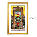 The National Razor tarot-inspired 16x24 fine art print by Matthew Pazzol, featuring a guillotine, crowned figure, black-and-white sphinxes, and a bright yellow background.