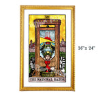 The National Razor tarot-inspired 16x24 fine art print by Matthew Pazzol, featuring a guillotine, crowned figure, black-and-white sphinxes, and a bright yellow background.