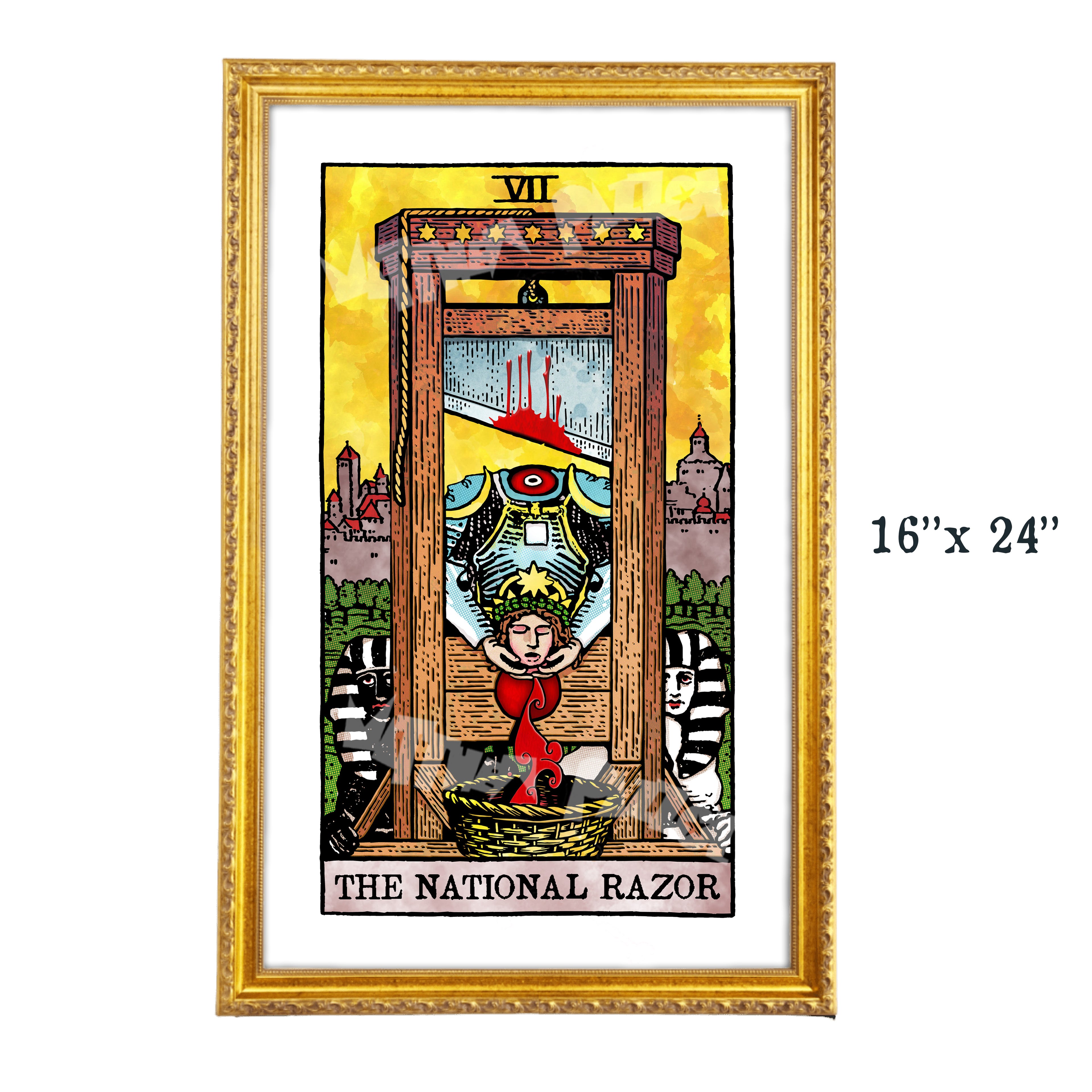The National Razor tarot-inspired 16x24 fine art print by Matthew Pazzol, featuring a guillotine, crowned figure, black-and-white sphinxes, and a bright yellow background.