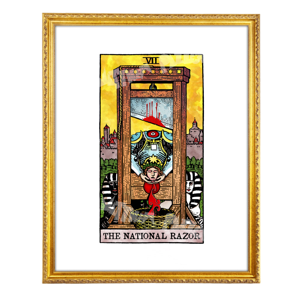 The National Razor tarot-inspired fine art print by Matthew Pazzol, featuring a guillotine, a crowned figure, black-and-white sphinxes, and a bright yellow background.
