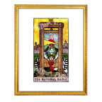 The National Razor tarot-inspired fine art print by Matthew Pazzol, featuring a guillotine, a crowned figure, black-and-white sphinxes, and a bright yellow background.