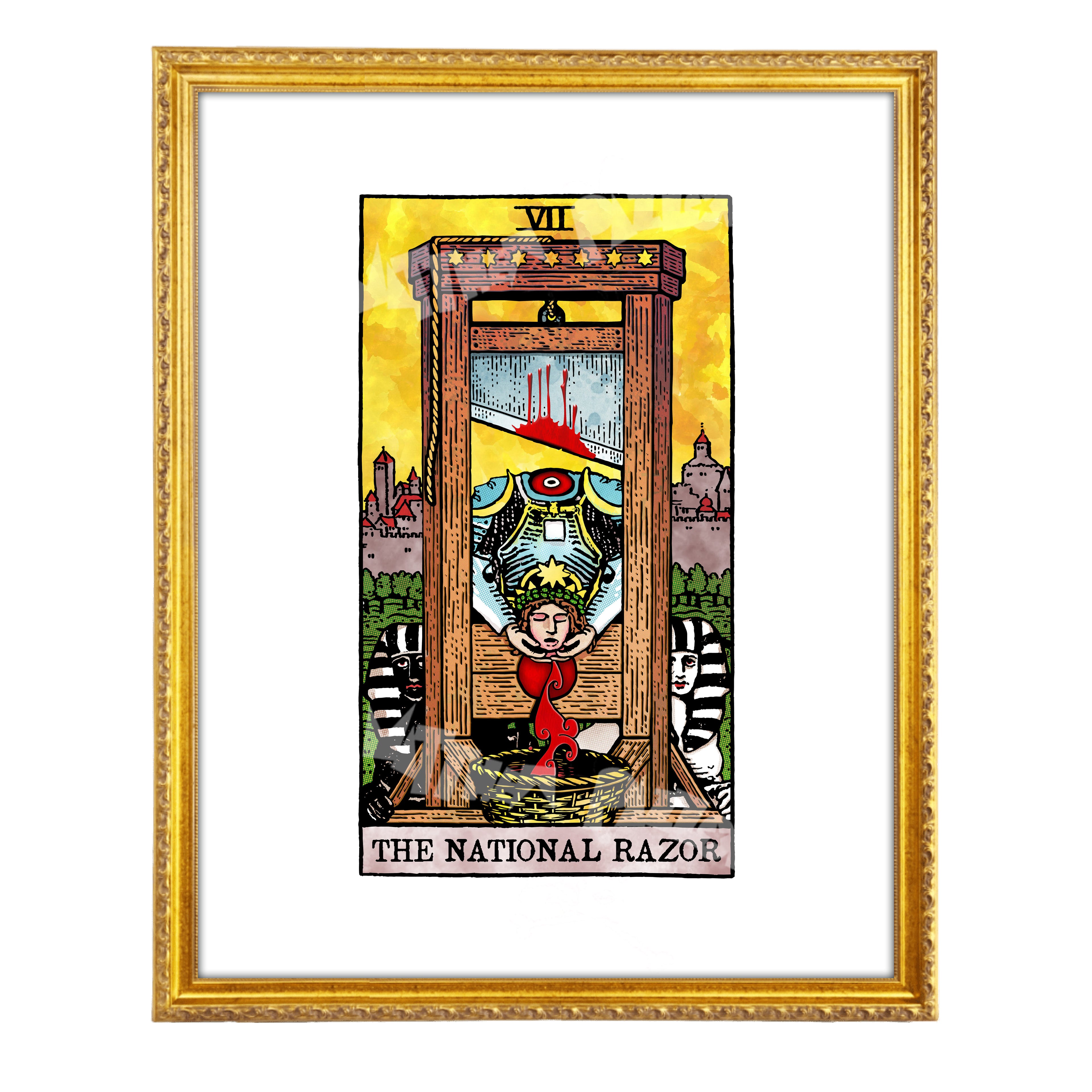 The National Razor tarot-inspired fine art print by Matthew Pazzol, featuring a guillotine, a crowned figure, black-and-white sphinxes, and a bright yellow background.