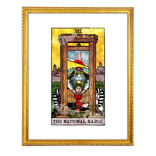 The National Razor tarot-inspired fine art print by Matthew Pazzol, featuring a guillotine, a crowned figure, black-and-white sphinxes, and a bright yellow background.