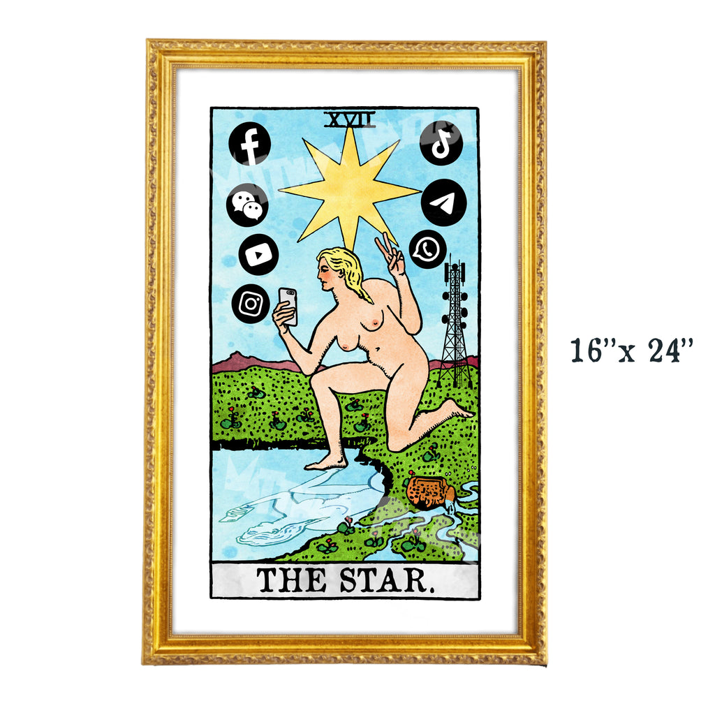 The Star tarot-inspired 16x24 fine art print by Matthew Pazzol, featuring a figure holding a phone beneath a yellow star and surrounded by social media symbols.
