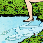 Close-up detail of The Star tarot-inspired fine art print by Matthew Pazzol, featuring a bare foot stepping beside a pale blue stream surrounded by bright green grass and small red flowers.