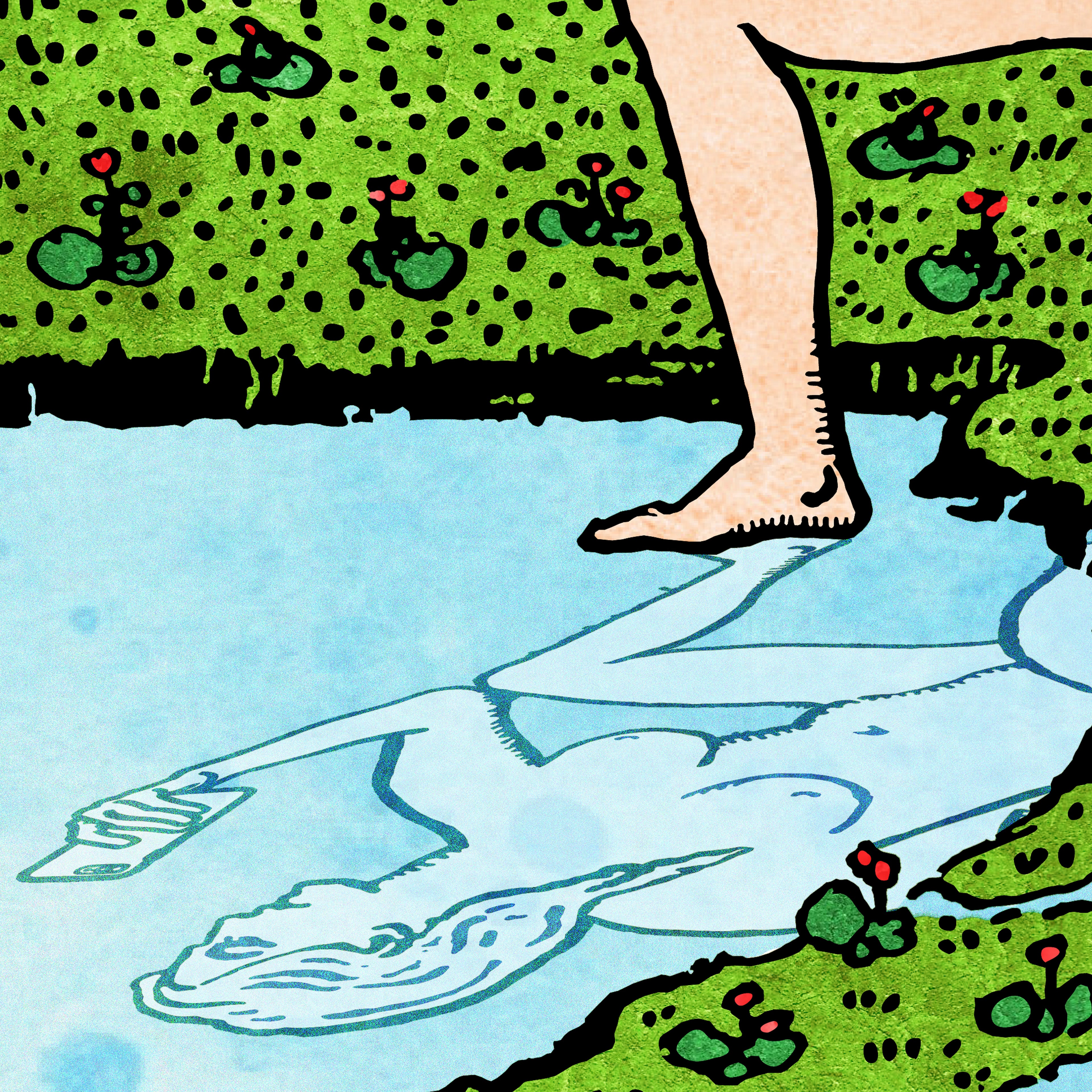 Close-up detail of The Star tarot-inspired fine art print by Matthew Pazzol, featuring a bare foot stepping beside a pale blue stream surrounded by bright green grass and small red flowers.