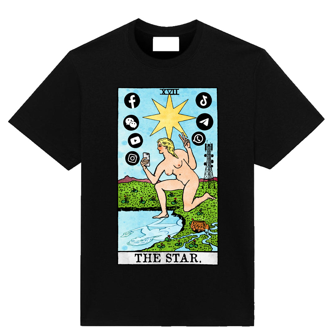 Black tarot parody T-shirt featuring a modern reinterpretation of The Star card with social media icons and humorous symbolism