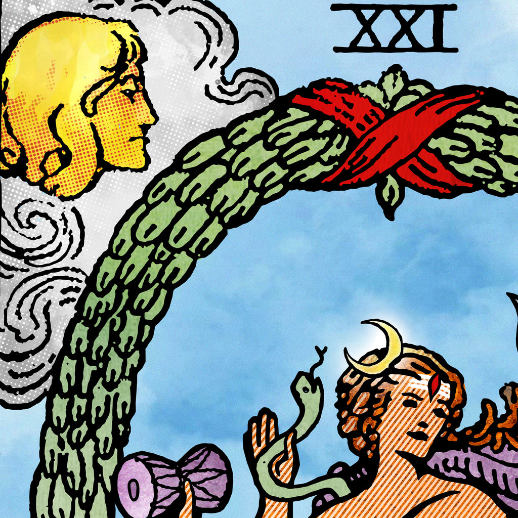 Close-up detail of The World tarot-inspired fine art print by Matthew Pazzol, featuring intertwined green arms, a red ribbon, celestial figures, and a pale blue sky.
