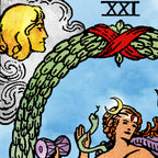 Close-up detail of The World tarot-inspired fine art print by Matthew Pazzol, featuring intertwined green arms, a red ribbon, celestial figures, and a pale blue sky.