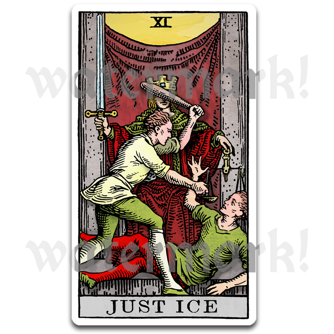 Warped Justice tarot card parody sticker showing chaotic courtroom imagery, vinyl tarot decal by Neesh Labs