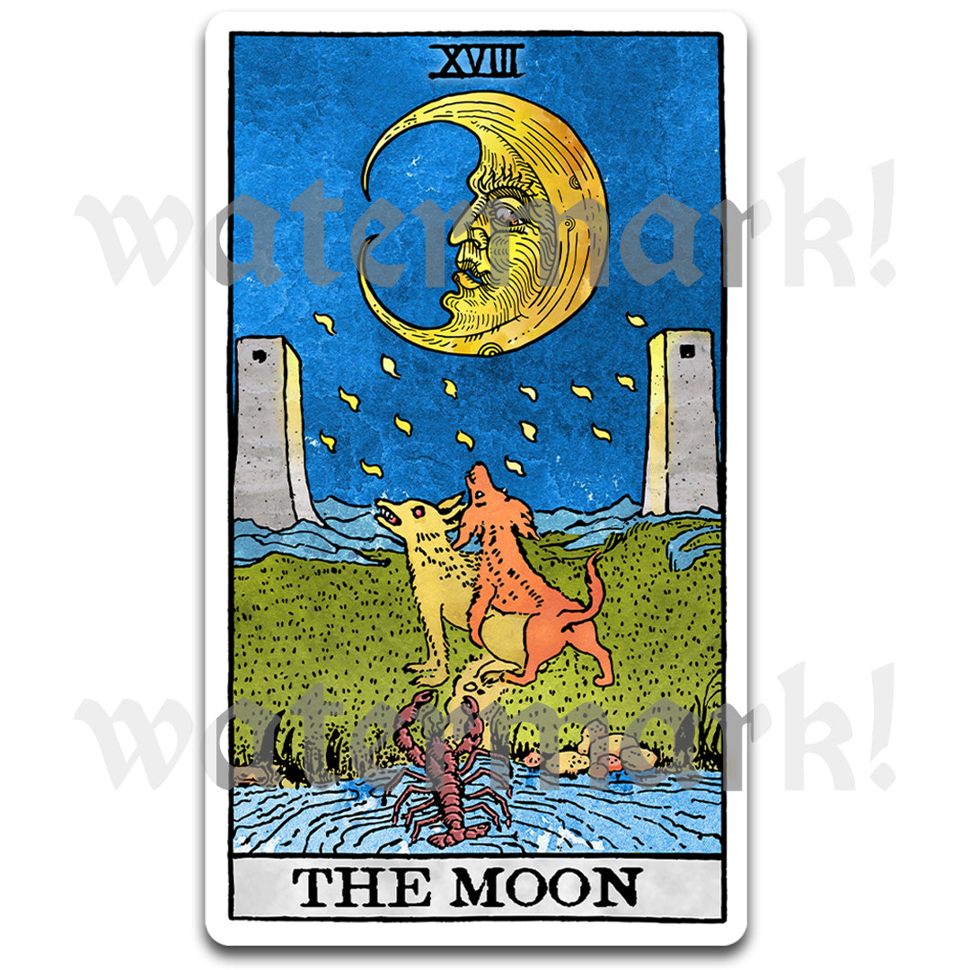Warped Moon tarot card parody sticker with surreal animal imagery, modern tarot vinyl decal by Neesh Labs