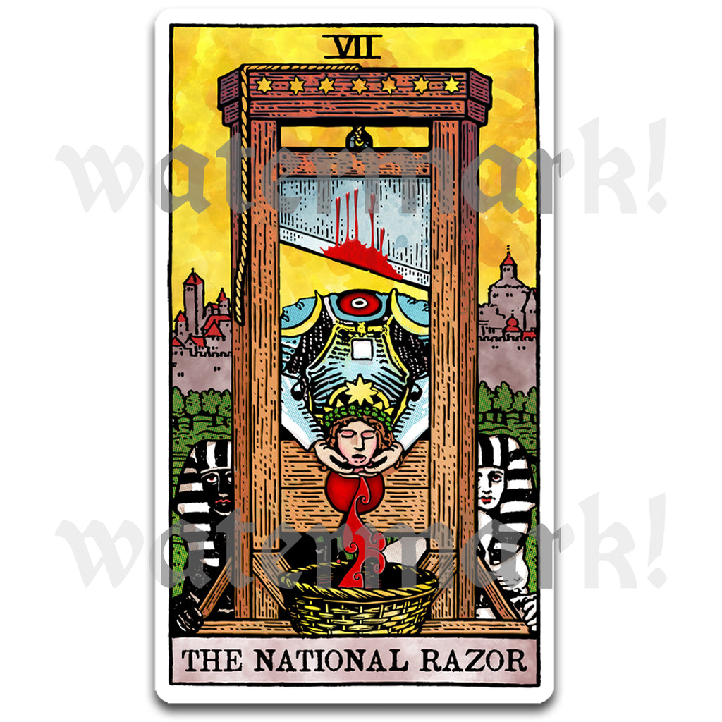 Warped tarot card sticker parody of The Chariot titled The National Razor, illustrated vinyl decal by Neesh Labs