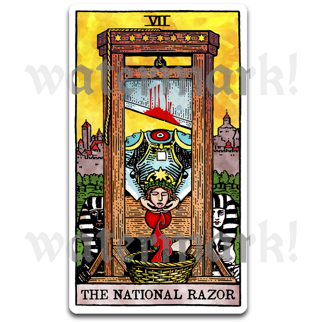 Warped tarot card sticker parody of The Chariot titled The National Razor, illustrated vinyl decal by Neesh Labs