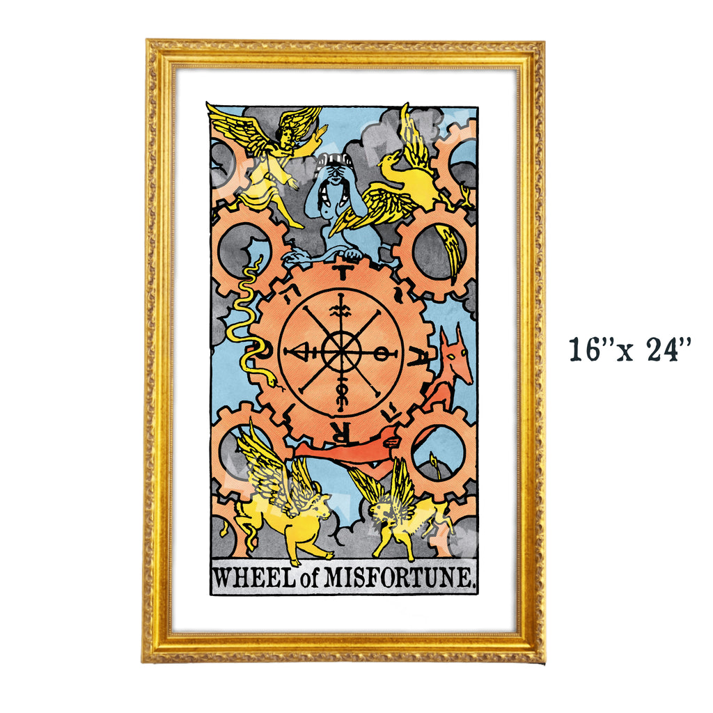 Wheel of Misfortune tarot-inspired 16x24 fine art print by Matthew Pazzol, featuring a large orange gear, winged creatures, occult symbols, and smoky blue tones.