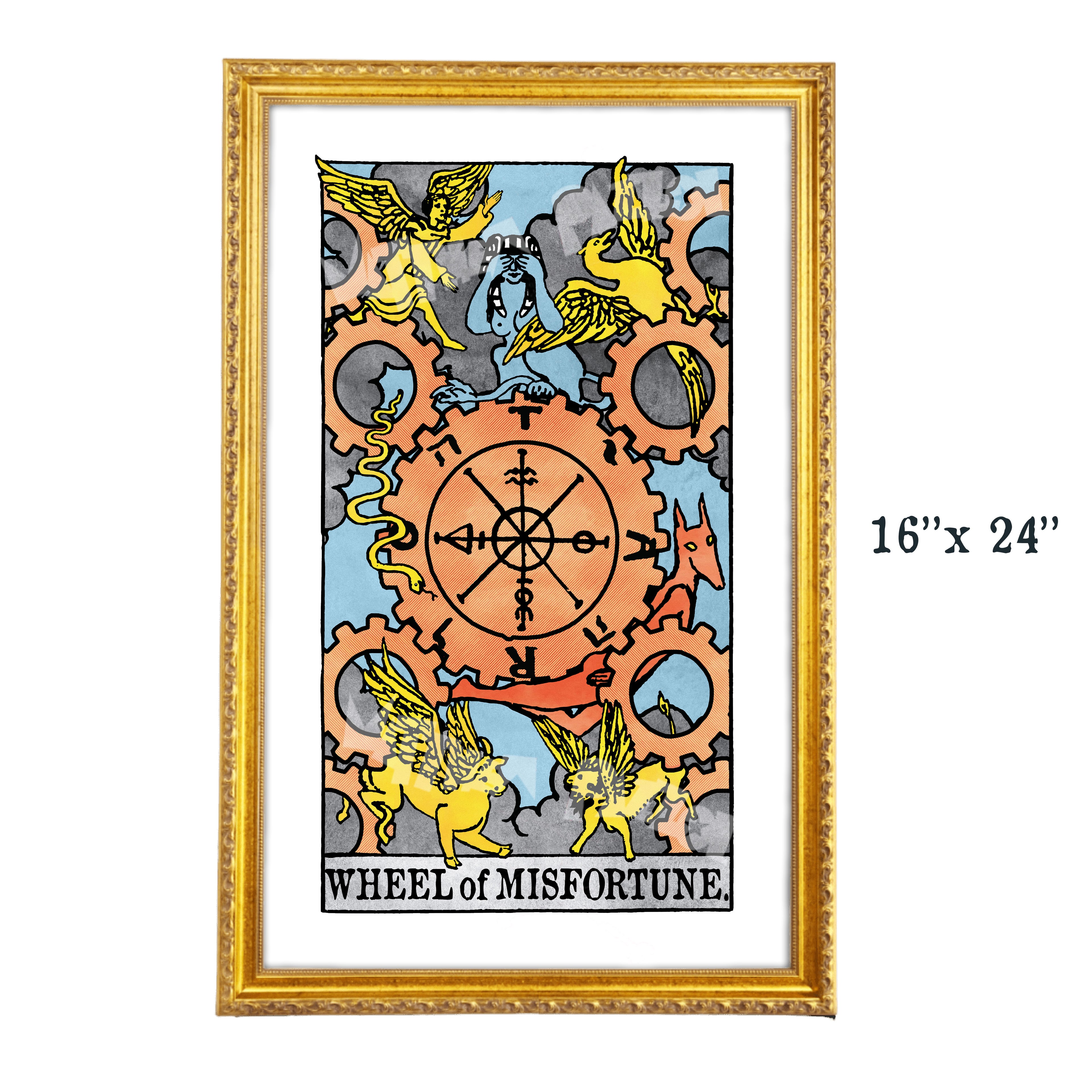 Wheel of Misfortune tarot-inspired 16x24 fine art print by Matthew Pazzol, featuring a large orange gear, winged creatures, occult symbols, and smoky blue tones.