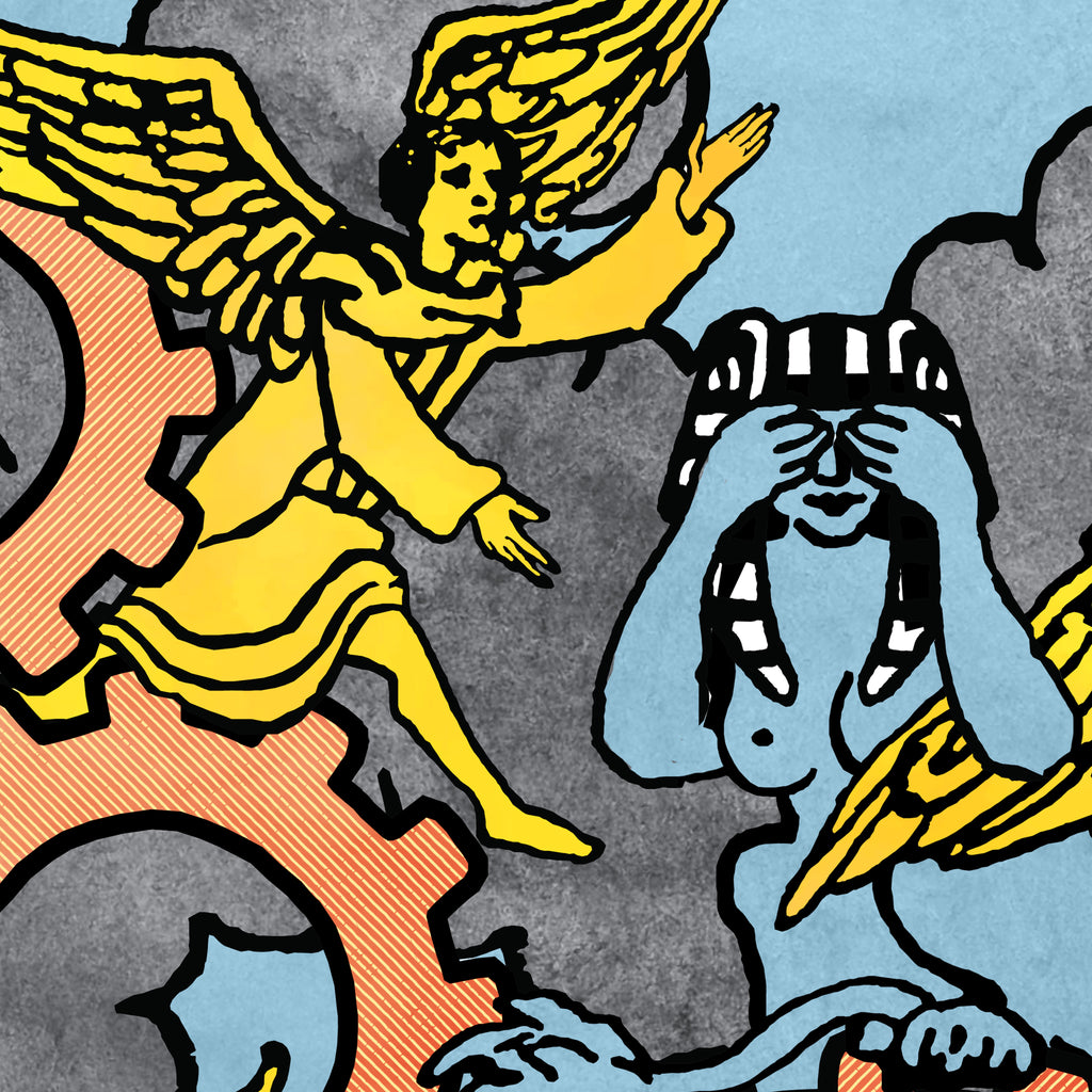 Close-up detail of the Wheel of Misfortune tarot-inspired fine art print by Matthew Pazzol, featuring yellow winged figures, interlocking gears, and a blue figure covering their eyes.