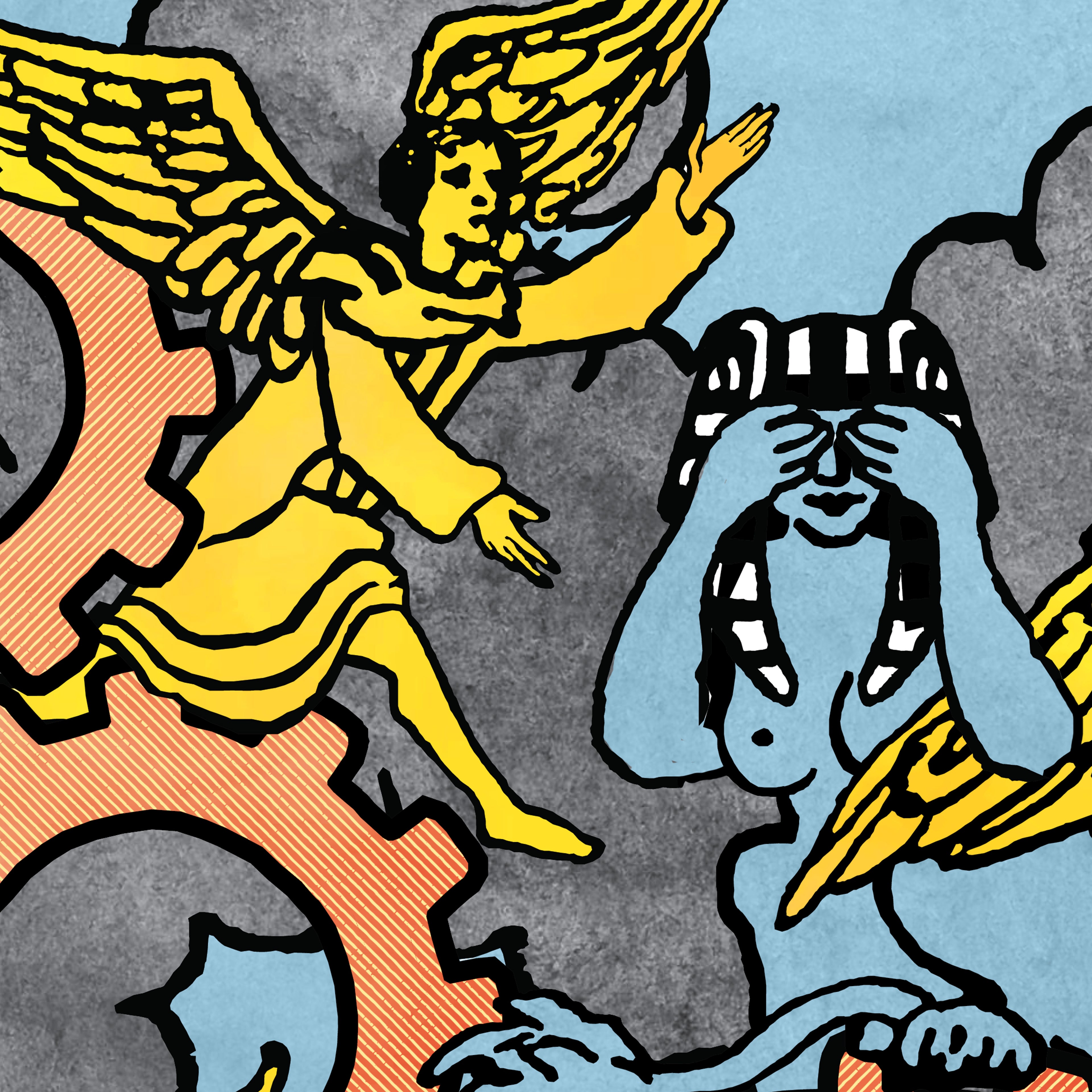 Close-up detail of the Wheel of Misfortune tarot-inspired fine art print by Matthew Pazzol, featuring yellow winged figures, interlocking gears, and a blue figure covering their eyes.