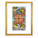 Wheel of Misfortune tarot-inspired fine art print by Matthew Pazzol, featuring a large orange gear, winged creatures, occult symbols, and smoky blue tones.