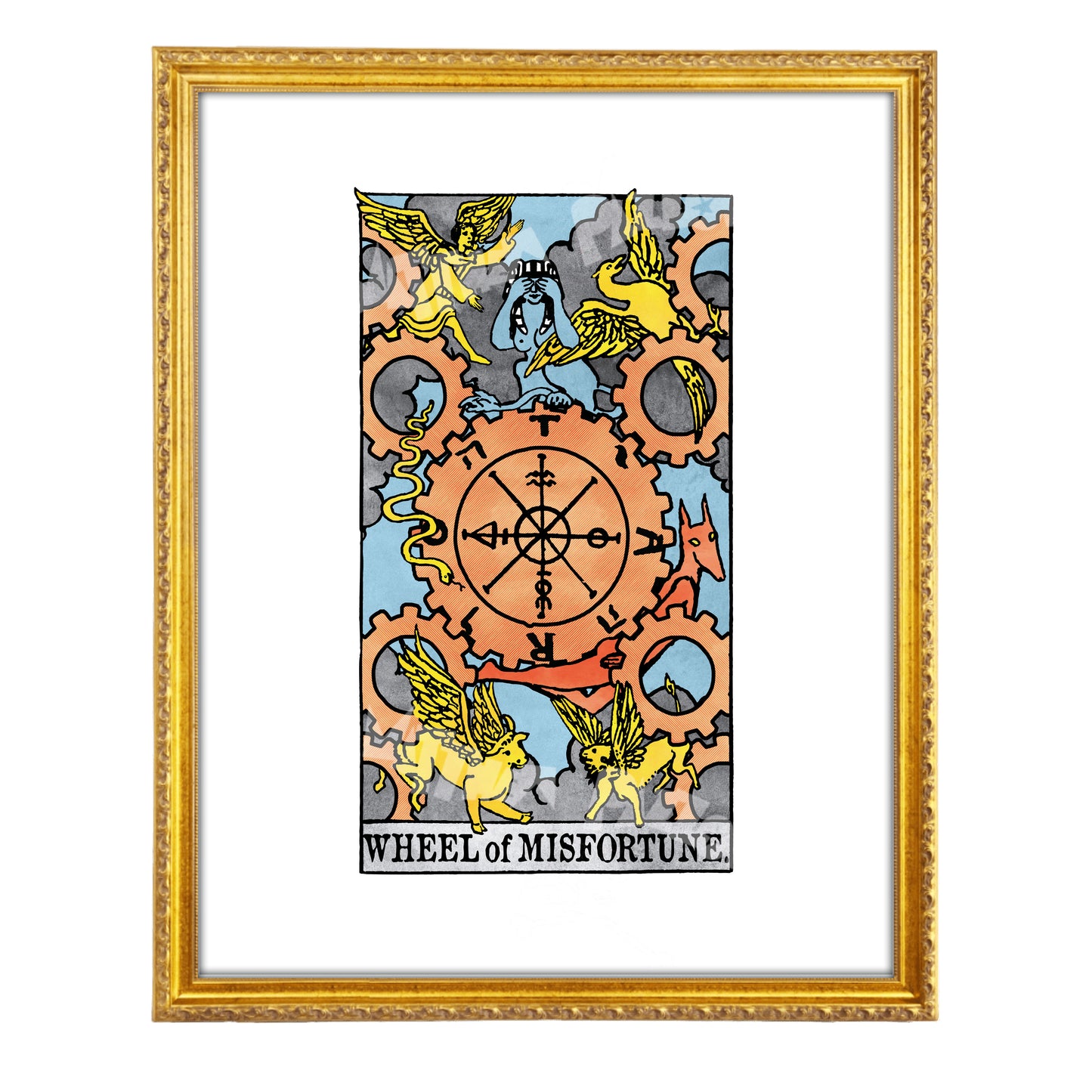 Wheel of Misfortune tarot-inspired fine art print by Matthew Pazzol, featuring a large orange gear, winged creatures, occult symbols, and smoky blue tones.