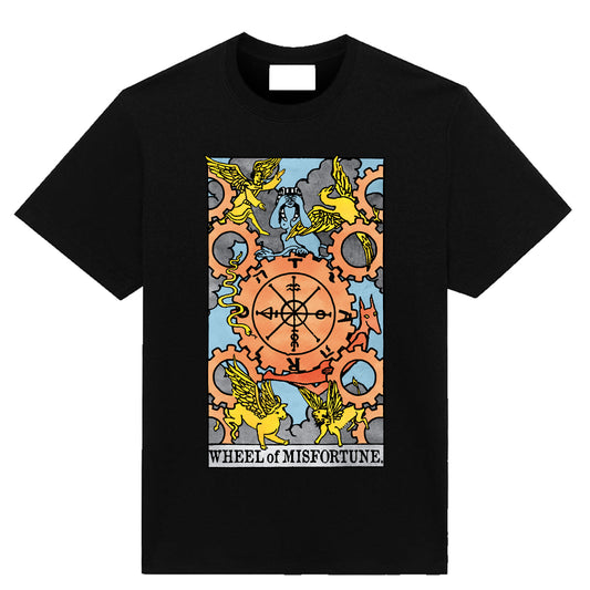 Wheel of Misfortune tarot shirt highlighting the detailed occult parody artwork