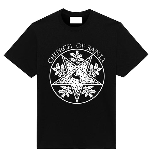 White Church Of Santa Christmas T-shirt with bold holiday graphic by Neesh Labs
